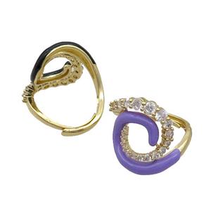 Copper Ring Pave Zircon Purple Enamel Adjustable Gold Plated, approx 20mm, 20mm dia