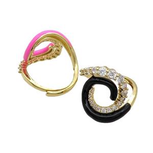 Copper Ring Pave Zircon Black Enamel Adjustable Gold Plated, approx 20mm, 20mm dia