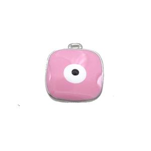Copper Square Pendant Pink Enamel Evil Eye Platinum Plated, approx 11x11mm