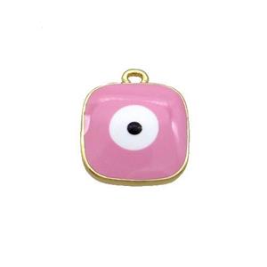 Copper Square Pendant Pink Enamel Evil Eye Gold Plated, approx 11x11mm