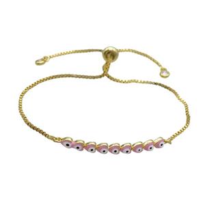Copper Bracelet Pink Enamel Evil Eye Heart Adjustable Gold Plated, approx 4-35mm, 20-27cm length