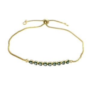 Copper Bracelet Green Enamel Evil Eye Heart Adjustable Gold Plated, approx 4-35mm, 20-27cm length