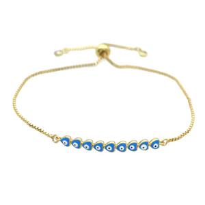 Copper Bracelet Blue Enamel Evil Eye Heart Adjustable Gold Plated, approx 4-35mm, 20-27cm length