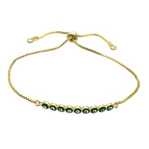 Copper Bracelet Green Enamel Evil Eye Adjustable Gold Plated, approx 4-35mm, 20-27cm length