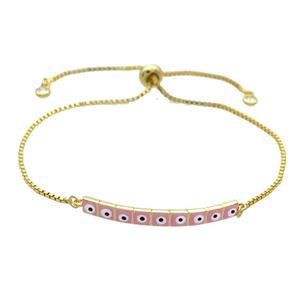 Copper Bracelet Pink Enamel Evil Eye Adjustable Gold Plated, approx 4-35mm, 20-27cm length