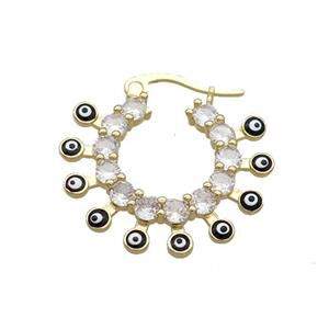 Copper Latchback Earring Pave Crystal Glass Black Enamel Evil Eye Gold Plated, approx 25mm dia