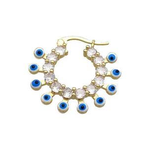 Copper Latchback Earring Pave Crystal Glass White Enamel Evil Eye Gold Plated, approx 25mm dia