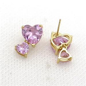 Copper Stuc Earring Pave Pink Crystal Glass Gold Plated, approx 6mm, 10mm