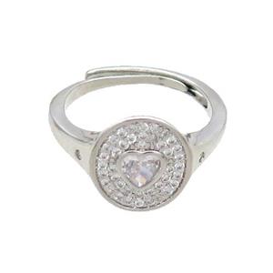 Copper Ring Pave Zircon Circle Heart Adjustable Platinum Plated, approx 10-11.5mm, 18mm dia