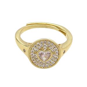 Copper Ring Pave Zircon Circle Heart Adjustable Gold Plated, approx 10-11.5mm, 18mm dia