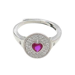 Copper Ring Pave Zircon Circle Hotpink Heart Adjustable Platinum Plated, approx 10-11.5mm, 18mm dia