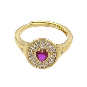Copper Ring Pave Zircon Circle Hotpink Heart Adjustable Gold Plated, approx 10-11.5mm, 18mm dia