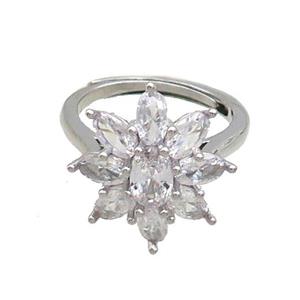 Copper Ring Pave Clear Crystal Glass Flower Adjustable Platinum Plated, approx 17mm, 18mm dia