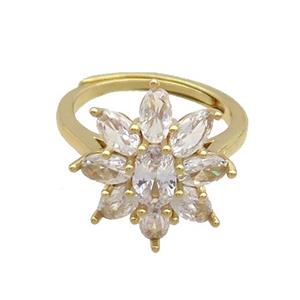 Copper Ring Pave Clear Crystal Glass Flower Adjustable Gold Plated, approx 17mm, 18mm dia