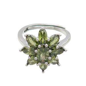 Copper Ring Pave Olive Crystal Glass Flower Adjustable Platinum Plated, approx 17mm, 18mm dia