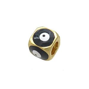 Copper Cube Beads Black Enamel Evil Eye Large Hole Gold Plated, approx 8.5mm, 5mm hole