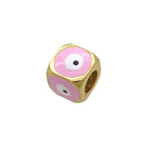Copper Cube Beads Pink Enamel Evil Eye Large Hole Gold Plated, approx 8.5mm, 5mm hole