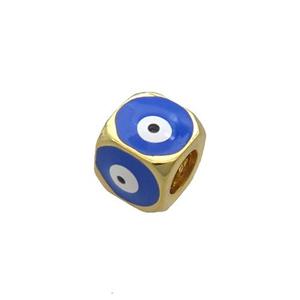 Copper Cube Beads Blue Enamel Evil Eye Large Hole Gold Plated, approx 8.5mm, 5mm hole