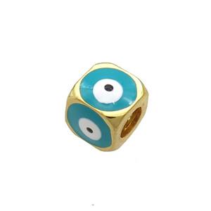 Copper Cube Beads Teal Enamel Evil Eye Large Hole Gold Plated, approx 8.5mm, 5mm hole