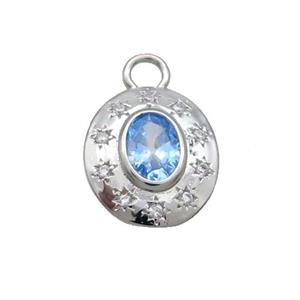 Copper Oval Pendant Pave Zircon Blue Crystal Glass Platinum Plated, approx 12.5-14.5mm