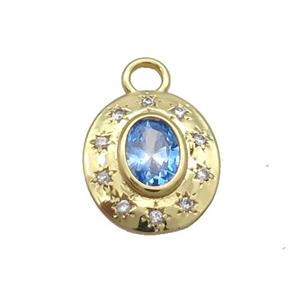 Copper Oval Pendant Pave Zircon Blue Crystal Glass Gold Plated, approx 12.5-14.5mm