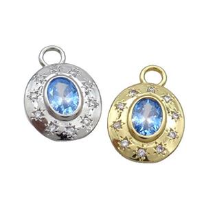 Copper Oval Pendant Pave Zircon Blue Crystal Glass Mixed, approx 12.5-14.5mm