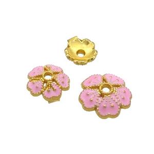 Copper Beadcaps Pink Enamel Gold Plated, approx 8mm dia