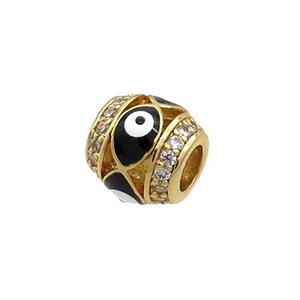 Copper Barrel Beads Pave Zircon Black Enamel Evil Eye Large Hole Gold Plated, approx 8mm, 3mm hole