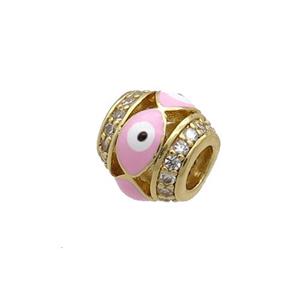 Copper Barrel Beads Pave Zircon Pink Enamel Evil Eye Large Hole Gold Plated, approx 8mm, 3mm hole