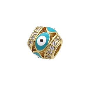 Copper Barrel Beads Pave Zircon Teal Enamel Evil Eye Large Hole Gold Plated, approx 8mm, 3mm hole