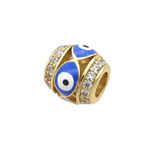 Copper Barrel Beads Pave Zircon Blue Enamel Evil Eye Large Hole Gold Plated, approx 8mm, 3mm hole