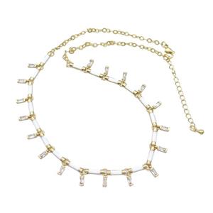 Copper Necklace Pave Zircon White Enamel Gold Plated, approx 2x5mm, 10mm, 37-42cm length