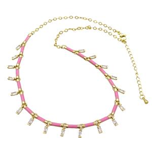 Copper Necklace Pave Zircon Pink Enamel Gold Plated, approx 2x5mm, 10mm, 37-42cm length
