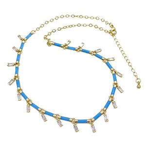 Copper Necklace Pave Zircon Blue Enamel Gold Plated, approx 2x5mm, 10mm, 37-42cm length