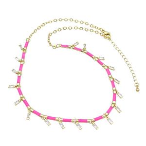 Copper Necklace Pave Zircon Hotpink Enamel Gold Plated, approx 2x5mm, 10mm, 37-42cm length