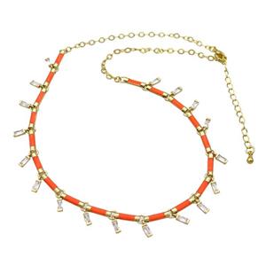 Copper Necklace Pave Zircon Orange Enamel Gold Plated, approx 2x5mm, 10mm, 37-42cm length
