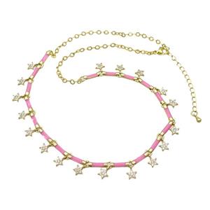 Copper Necklace Pave Zircon Pink Enamel Gold Plated, approx 6mm, 10mm, 37-42cm length