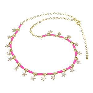Copper Necklace Pave Zircon Hotpink Enamel Gold Plated, approx 6mm, 10mm, 37-42cm length