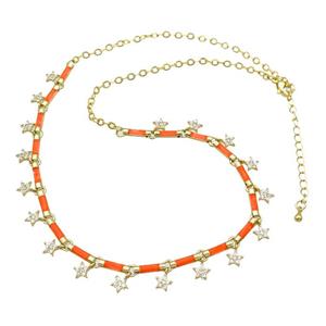 Copper Necklace Pave Zircon Orange Enamel Gold Plated, approx 6mm, 10mm, 37-42cm length