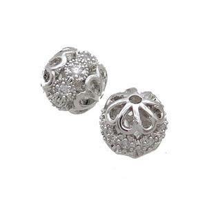 Round Copper Beads Pave Zircon Platinum Plated, approx 10mm