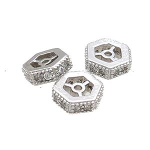 Copper Hexagon Beads Pave Zircon Platinum Plated, approx 9-10mm