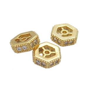 Copper Hexagon Beads Pave Zircon Gold Plated, approx 9-10mm