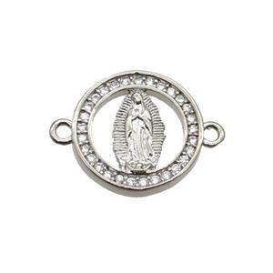 Copper Circle Connector Pave Zircon Virgin Mary Platinum Plated, approx 14mm dia