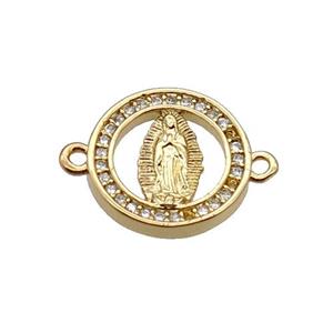 Copper Circle Connector Pave Zircon Virgin Mary Religious Gold Plated, approx 14mm dia
