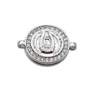 Copper Circle Connector Pave Zircon Virgin Mary Religious Platinum Plated, approx 16mm dia