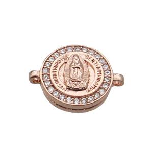 Copper Circle Connector Pave Zircon Virgin Mary Rose Gold, approx 16mm dia