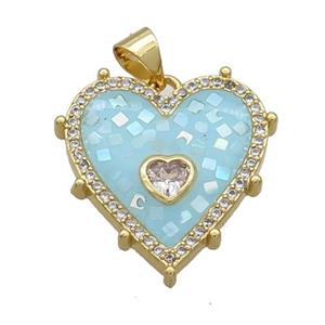 Copper Heart Pendant Pave Shell Aqua Gold Plated, approx 20mm