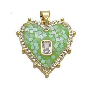 Copper Heart Pendant Pave Shell Green Gold Plated, approx 20mm