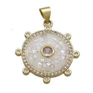 Copper Circle Pendant Pave Shell White Gold Plated, approx 22mm