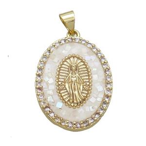 Copper Oval Pendant Pave Shell Virgin Mary Religious White Gold Plated, approx 18-25mm